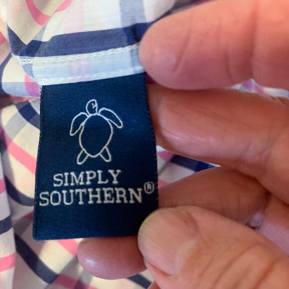 Men's Simply Southern Plaid Long Sleeve Button Up White Navy Pink Shirt XL - Picture 11 of 12